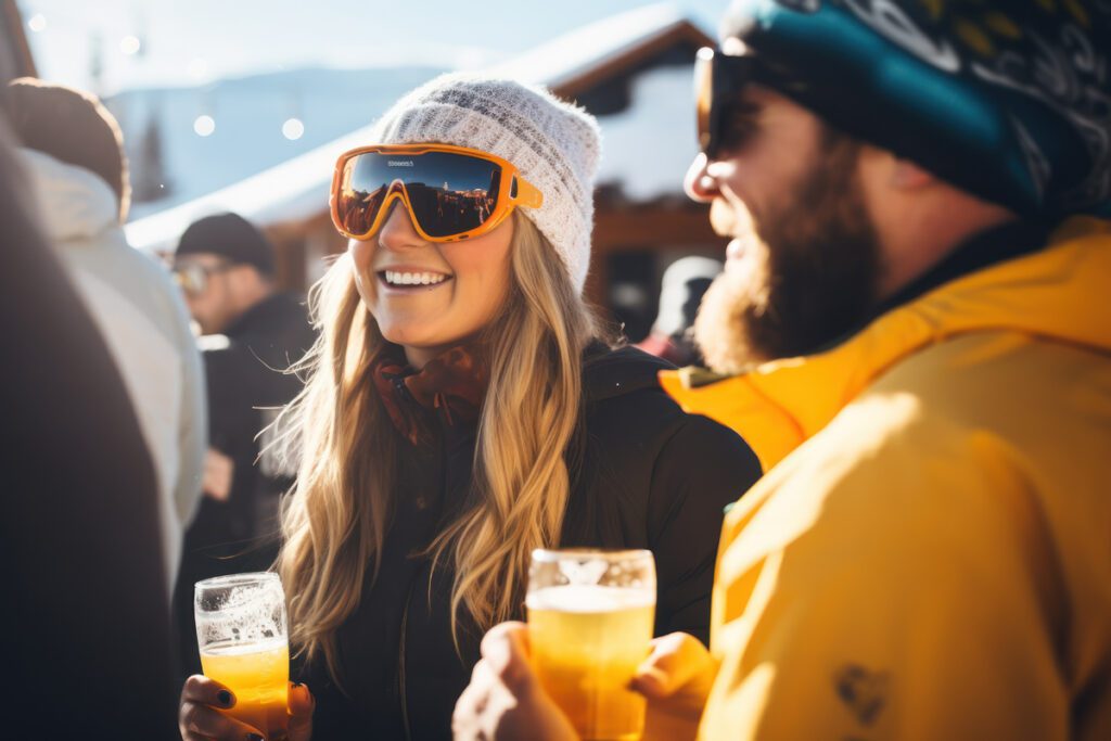 A couple enjoys apres ski in the spring