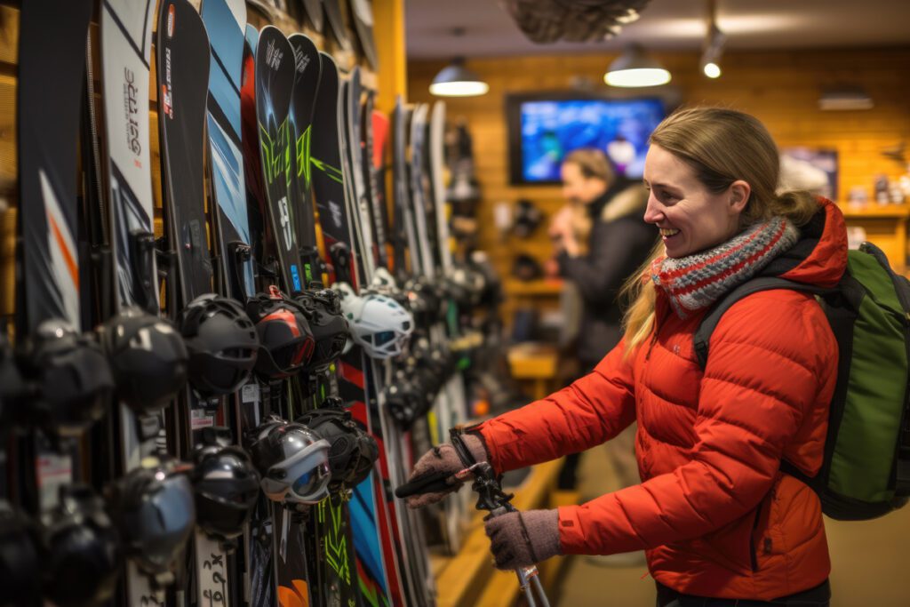 Renting equipment at a ski shop.