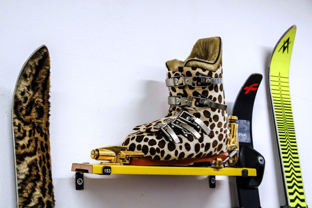 Leopard-spotted ski boots