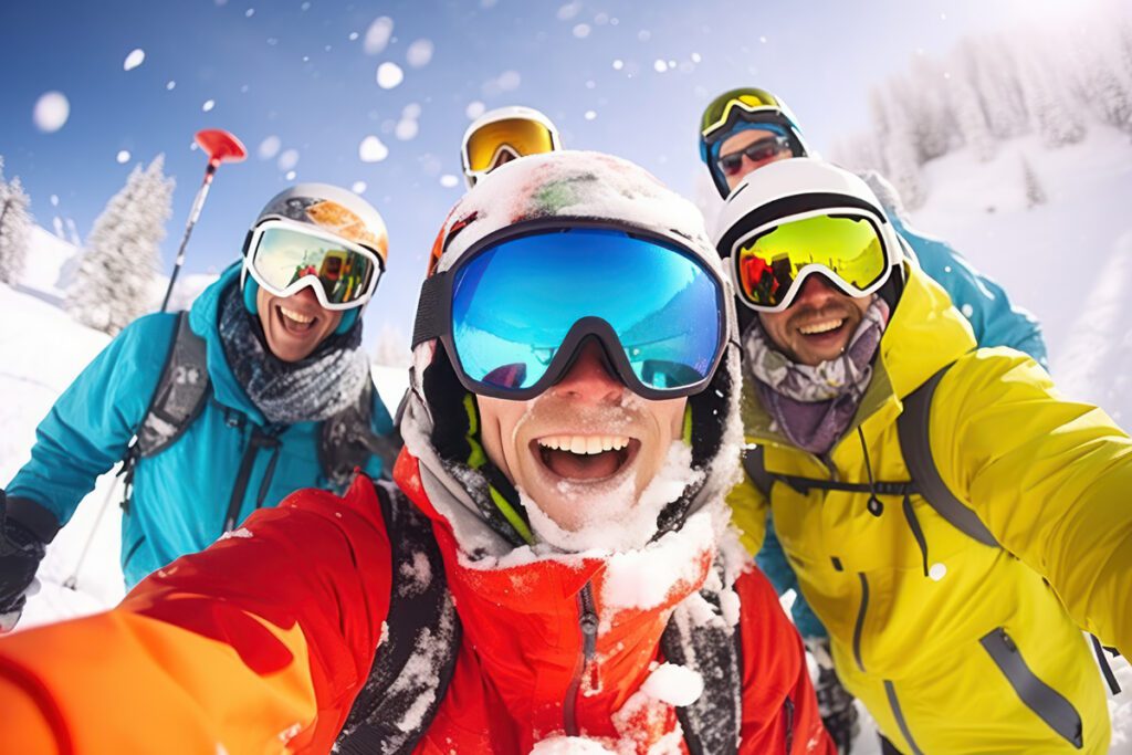 Three people with skiing eyewear