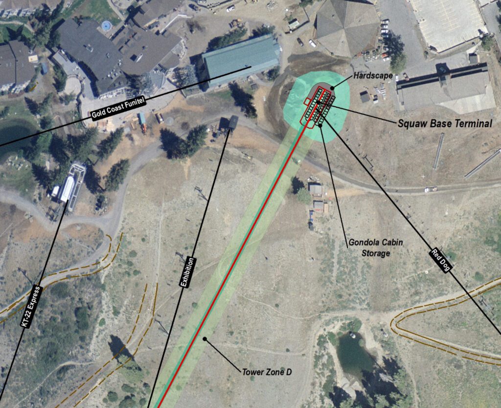 This rendering shows the proposed base terminal for the California Express Gondola at Palisades Tahoe Ski Resort. (Rendering courtesy squawalpine.com.)