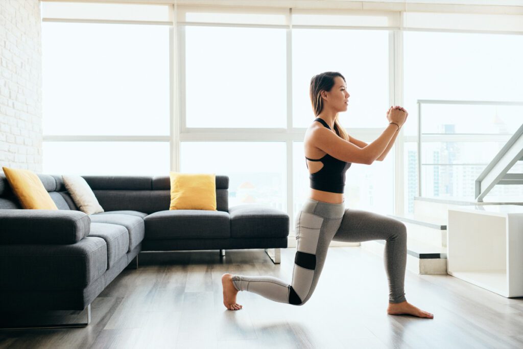 Lunges are easy to do at home because they don't take a lot of room. When doing lunges, keep your back leg slightly off the ground while you dig deep. 