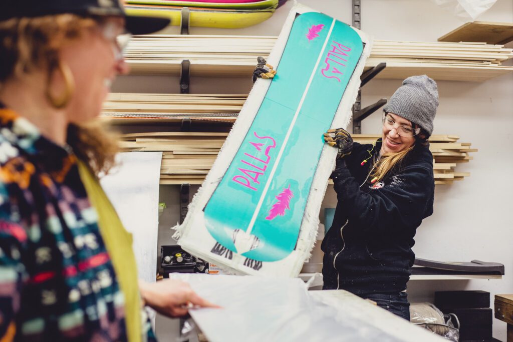 Pallas Snowboards makes custom snowboards for women that are ideal for terrain parks, backcountry, powder and groomers. (Photo courtesy Pallas Snowboards.)