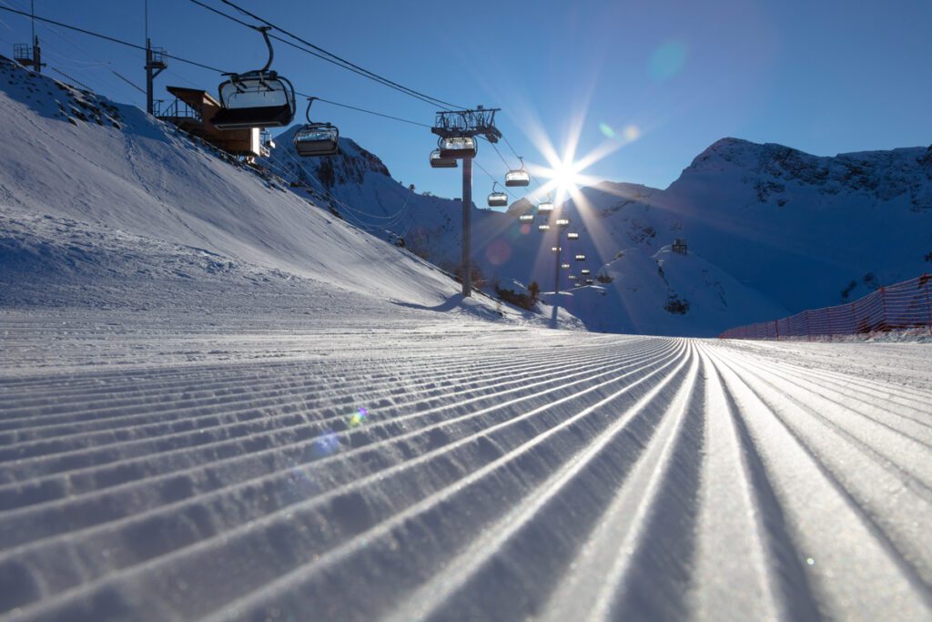 Perfectly groomed snow at a ski resort.