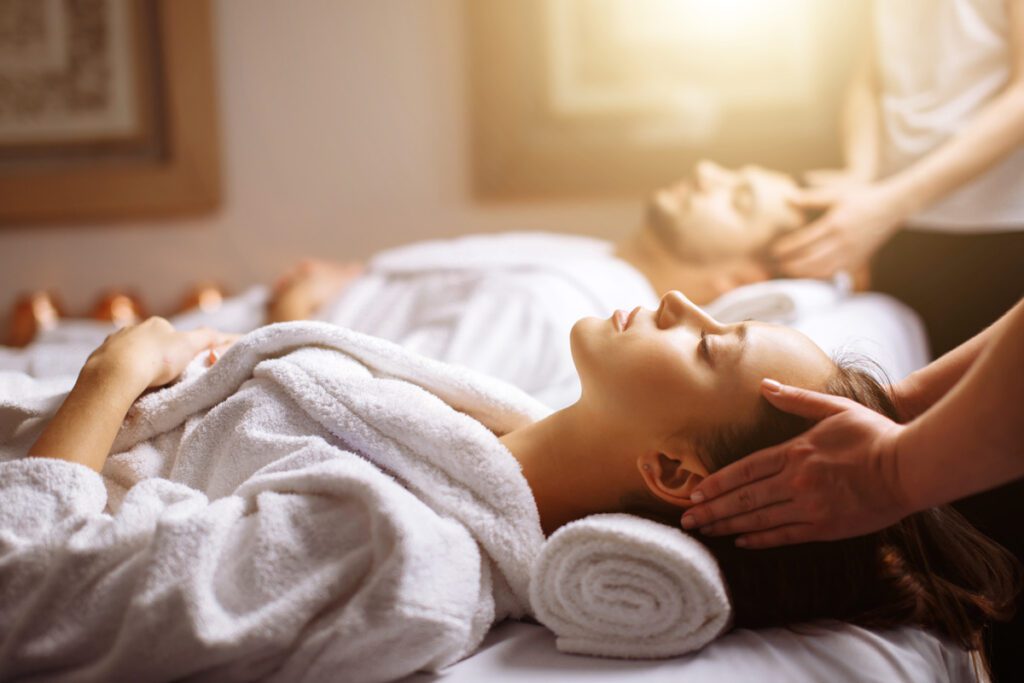 A couple enjoys a spa day