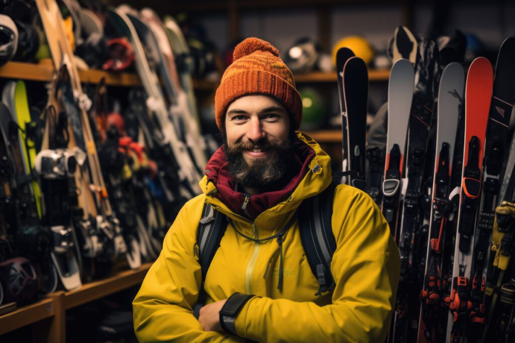 A man smiles in a ski shop